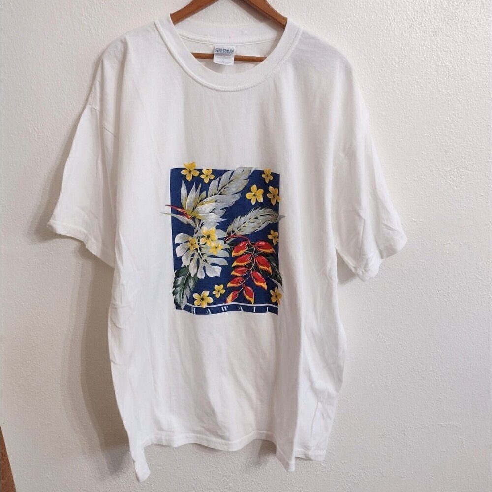 Vintage Gildan Hawaii Floral Leaf Design Graphic White T Shirt Mens XL